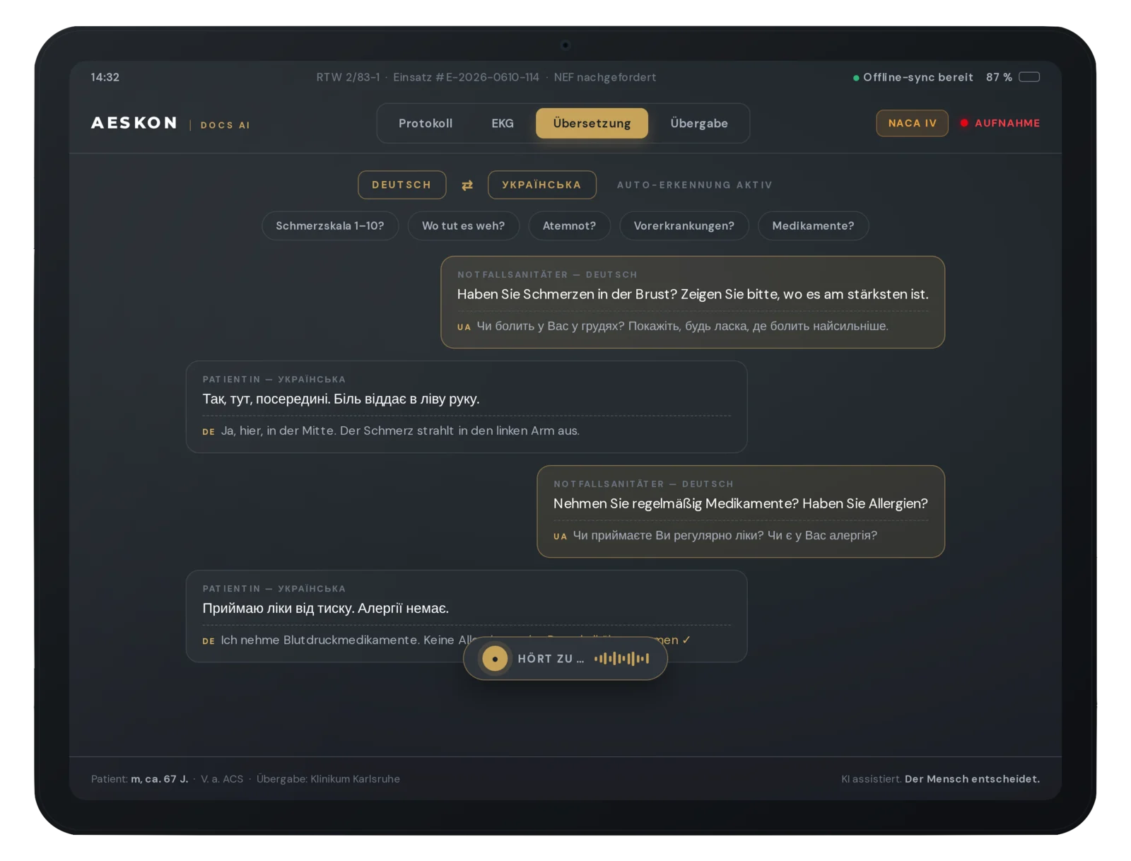 AESKONdocs AI live translation German–Ukrainian for patient communication.