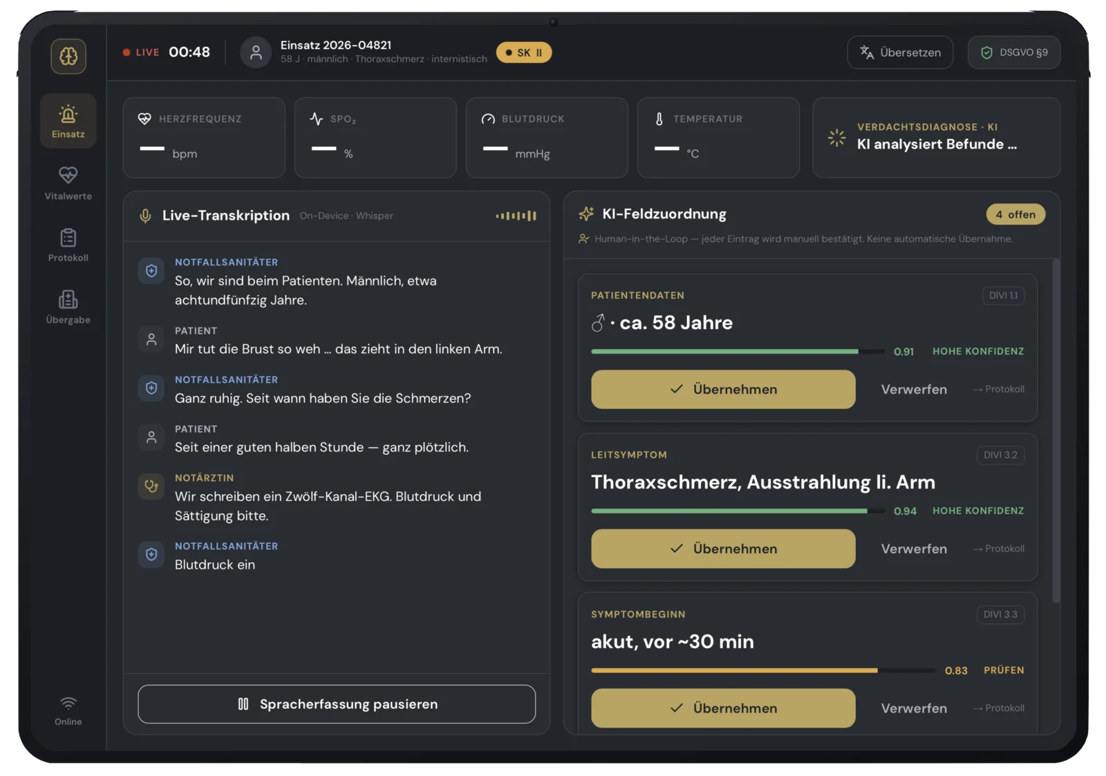 AESKONdocs AI mission record following DIVI MIND 4.0 with NACA score and SAMPLER history; AI suggestions are clearly marked as such.